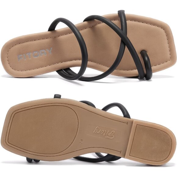 Women's Black Soft Flat Toe Ring Style Thongs Cross Strap Slide Sandal Shoes - Picture 3 of 6